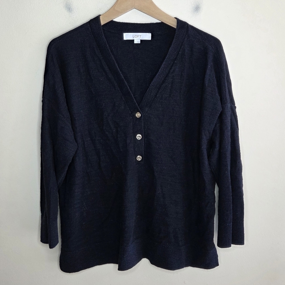 Loft | V-neck Black Textured Top with Gold Buttons Size XL